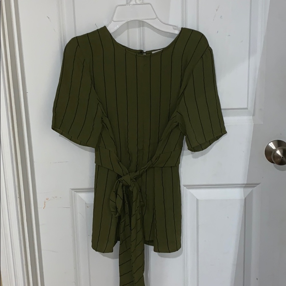 Hashttag Green and Black Striped Tie-front shirt